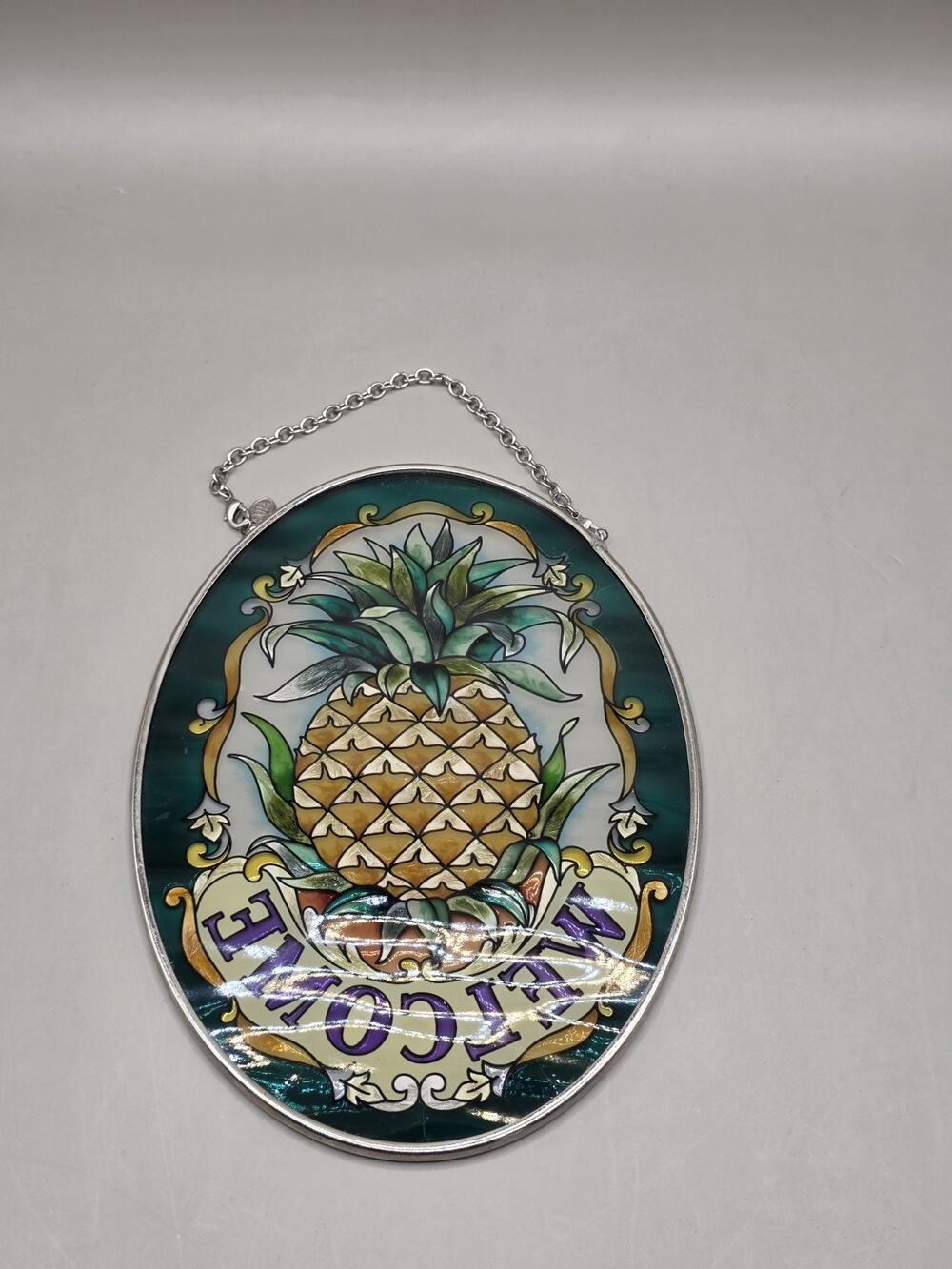 AMIA Vintage Oval Hand Painted Glass Pineapple Welcome Suncatcher Window Hanging